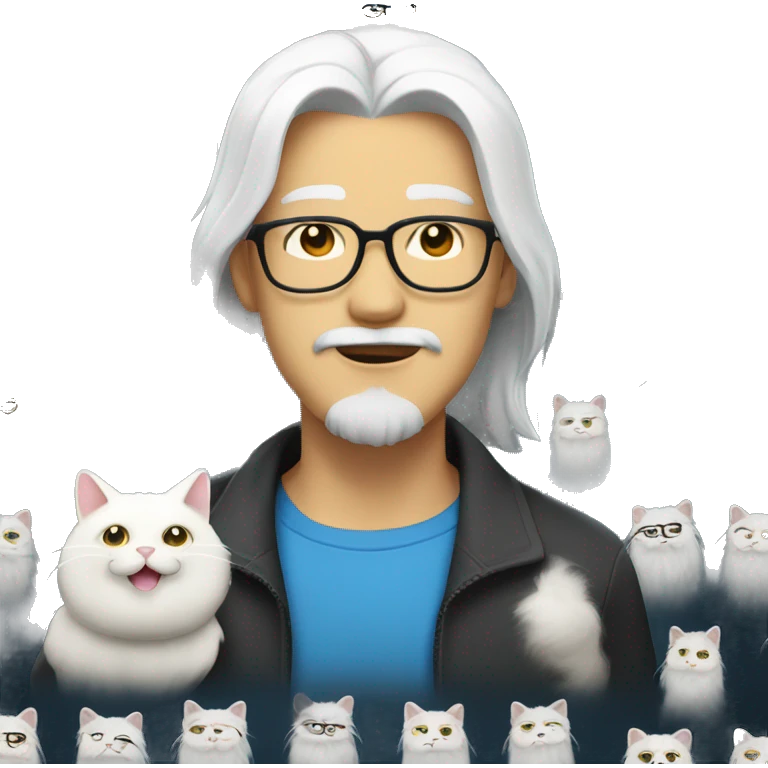 Handsome Asian man with round face, beard, glasses and a white long hair cat. The cat have one blue eye and one yellow eye emoji