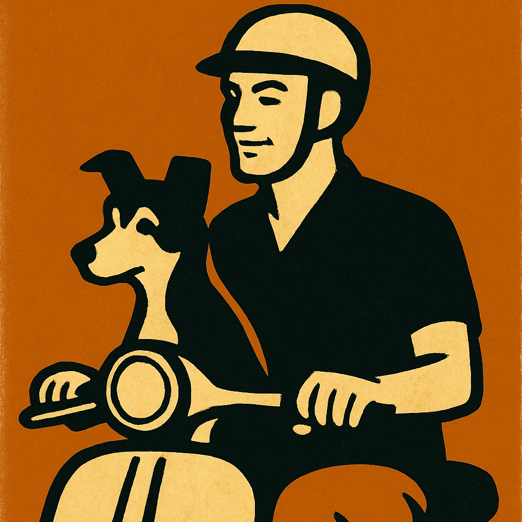 man and his pet dog riding a vespa emoji
