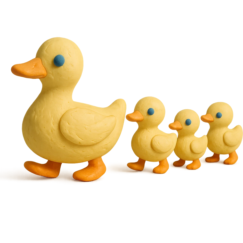 mother duck with ducklings following her, playful and cute, pastel colors, visible fingerprints, claymation style emoji