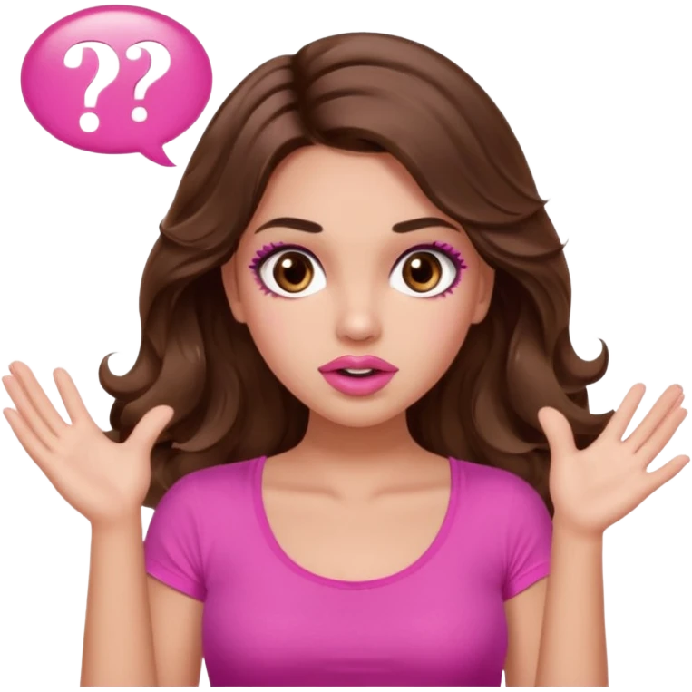girl with long wavy brown hair, brown eyes, long lashes makeup, sexy pink lips, light to medium complexion, pink sexy top, two hands up, shrugging, confused questions mark bubble sign emoji