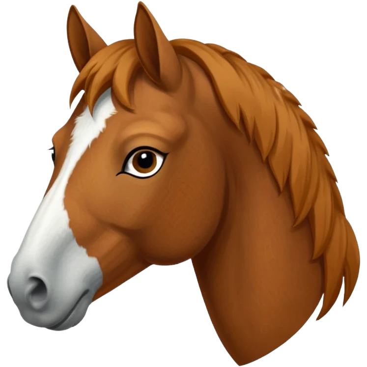 Head of a sorrel horse with a wide white blaze from his forehead, under his forelock, running down his face and under his muzzle, facing forward. emoji