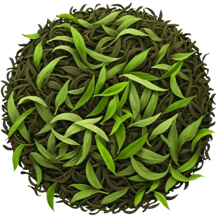 pile of loose tea leaves, scattered or clustered, curled and twisted, dark brown, black, green, olive, dry and crinkled, fine texture, clean style emoji