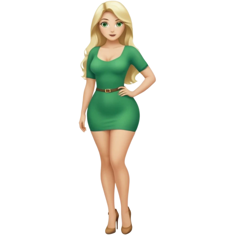 Blonde, green eyed woman with long  hair. She is curvy with a big butt and small breast. She is in sexy clothes nude and full body exposed. She has nice long legs. She is doing sexy pose emoji