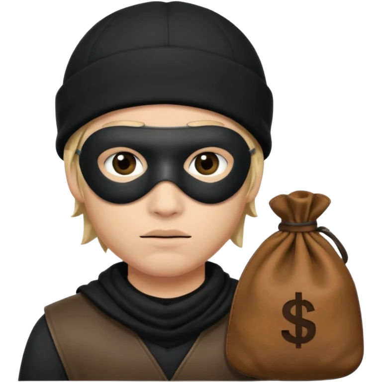 robber wears black eye mask and black beanies with money bag beside him emoji