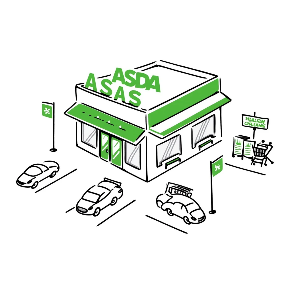 Isometric ASDA supermarket with distinctive green branding, shopping trolley collection points, customer entrance with automatic doors, and car park emoji