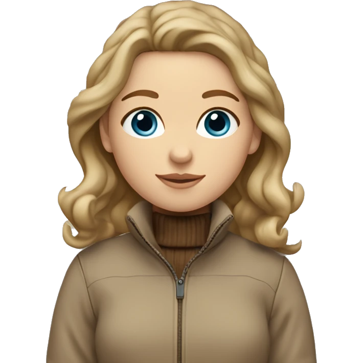 White girl with dark blonde wavy hair and blue eyes. She wears a beige lubber jacket with a brown turtle neck pullover and a brown beanie on her head. emoji