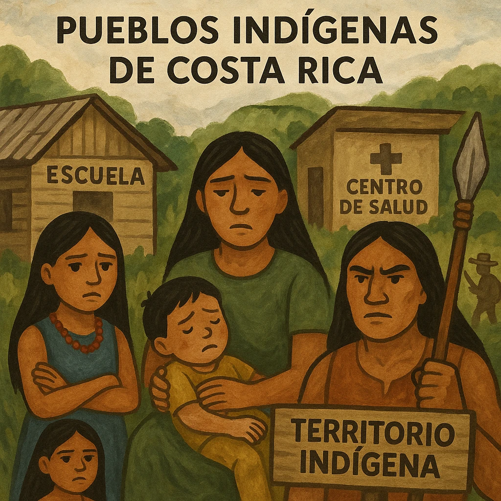 composition illustrating the issues faced by Costa Rican indigenous peoples: absence of schools, lack of medical centers, and struggle to protect their territories emoji