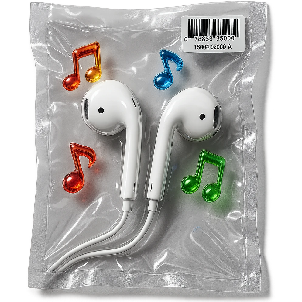 pair of white EarPods with three small rainbow glass music notes floating nearby, shiny and inflated emoji