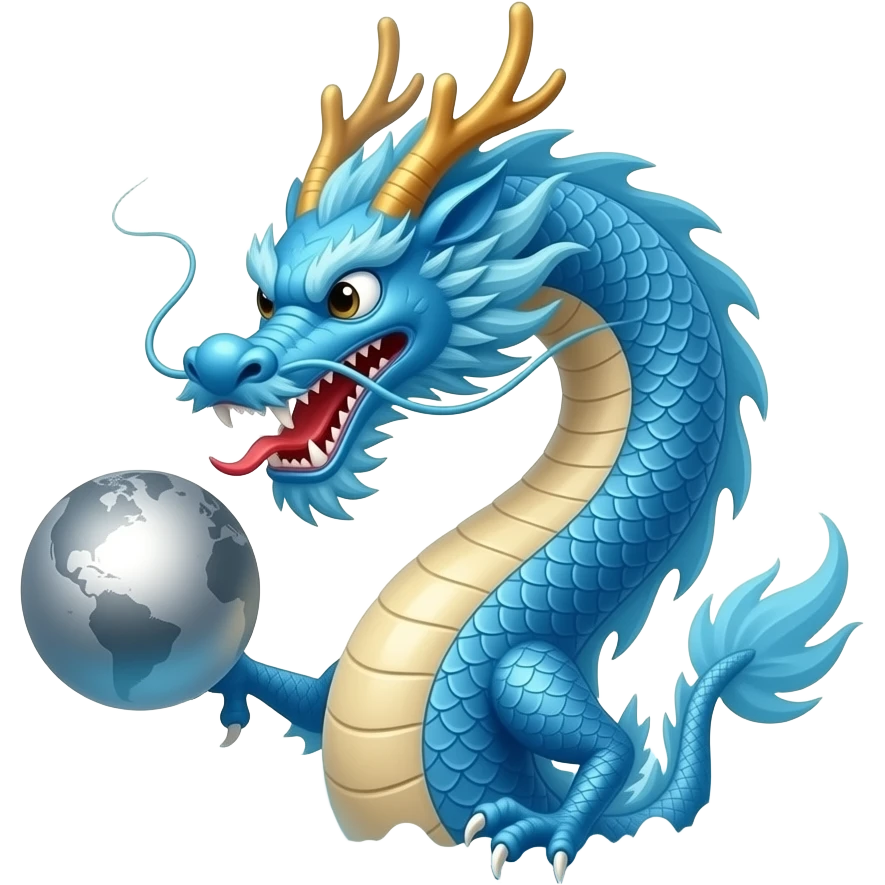 A long blue Chinese serpentine dragon emerges from the sea and hovers above the surface, playing with the silver planet. emoji