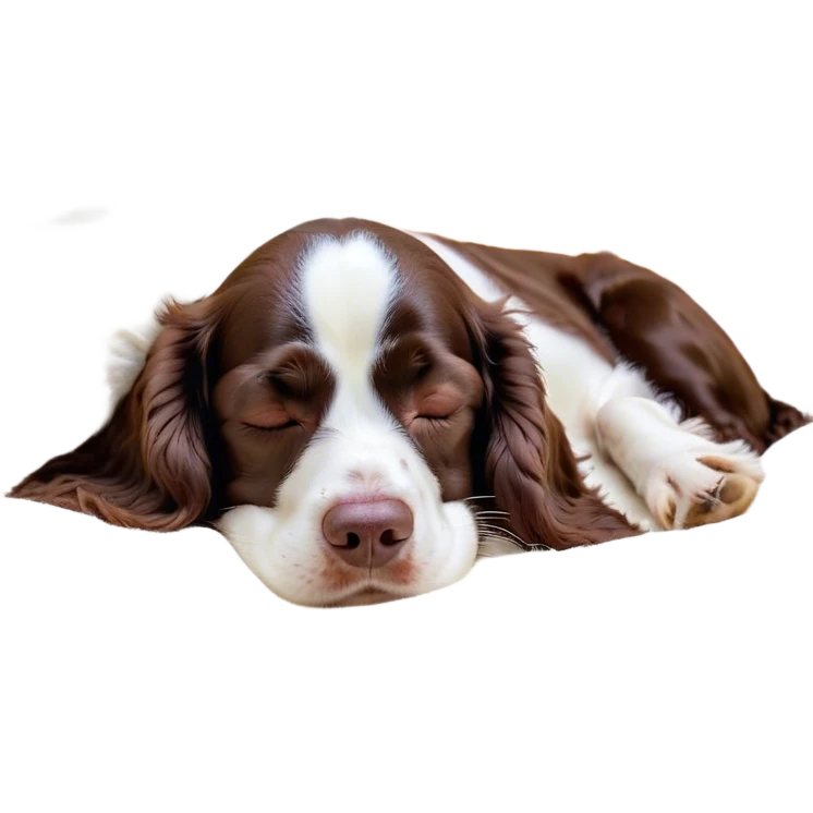 Meme-Worthy Cute Sleeping Springer Spaniel Portrait Emoji, Head resting peacefully with a contented smile, showcasing a delightfully agile build and a luxuriously soft liver and white Fur, eyes shut in a serene nap, Simplified yet hilariously adorable features, highly detailed, glowing with a soft, drowsy light, high shine, relaxed and utterly lovable, stylized with an air of playful laziness, bright and heartwarming, soft glowing outline, capturing the essence of a comically sleepy companion, so meme-worthy it feels like it could instantly become the next viral sensation of adorable slumber! emoji