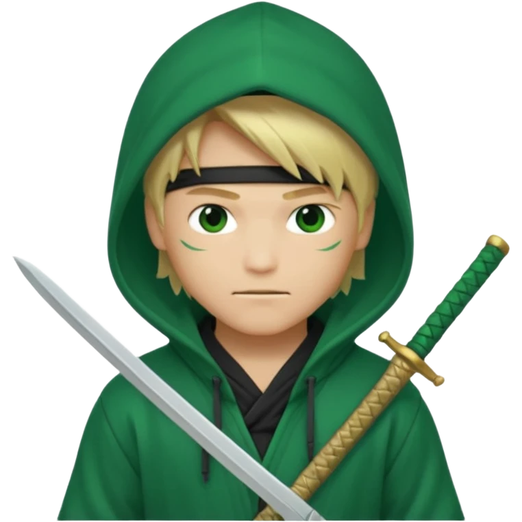 Green ninja Lloyd garmadon blonde hair, kaptur hoody on his head but blonde grzywka visible; the bottom left one is best (the one without miecze + black band + no mask of face) but add miecz; I want no band on head ; I don’t want any band on forehead emoji