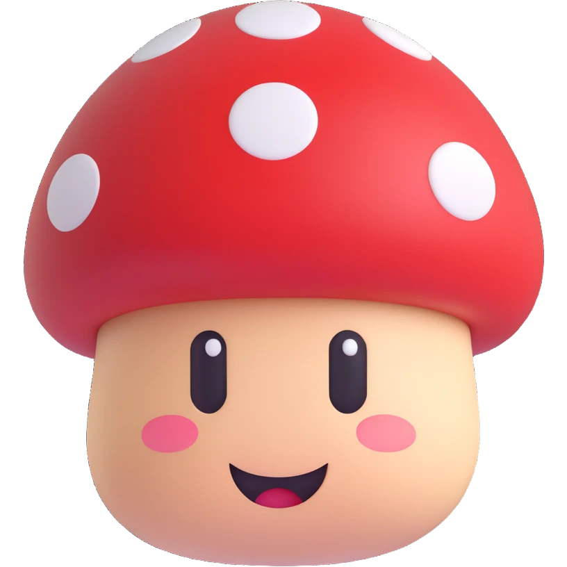 3D emoji style Mario Mushroom, rounded, shiny, red cap with white spots, cute face, soft shadows emoji