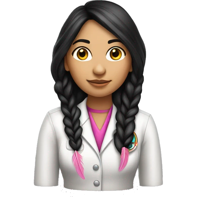  young beautiful Native American female idol scientist with feather earrings & long black hair with pink accents emoji