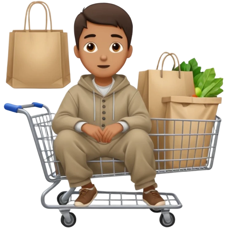 A man in oversized second-hand clothes, sitting beside a shopping cart of items, looking around with soft hopeful eyes.
 emoji