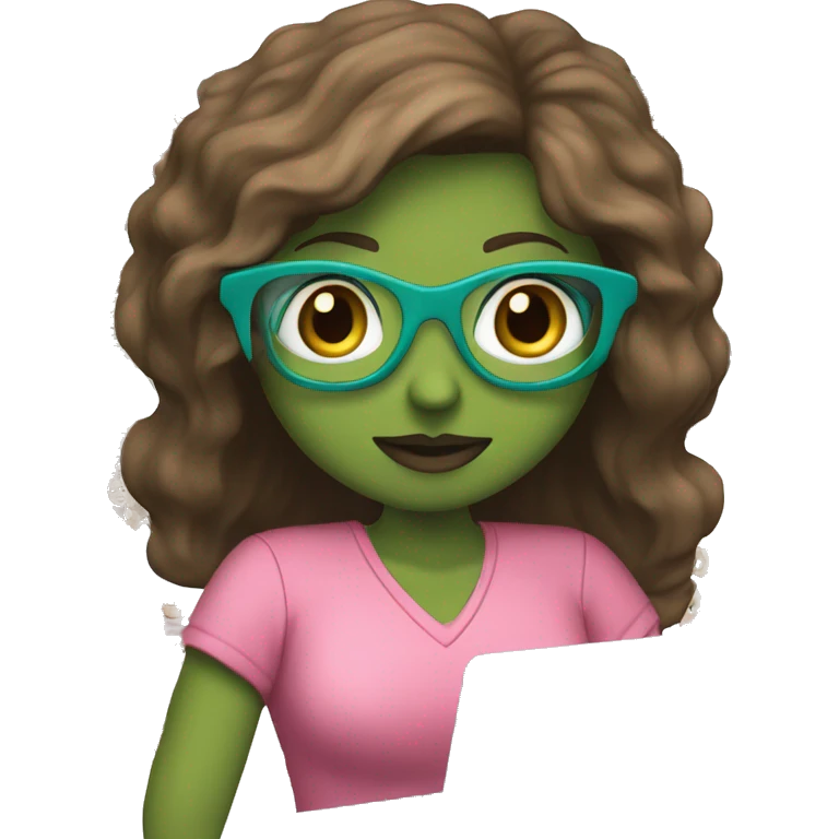 Female coding teacher featuring a laptop. She has long brunette hair, green eyes, white skin, teal eye glasses, rose lips, and a pink feminine shirt emoji