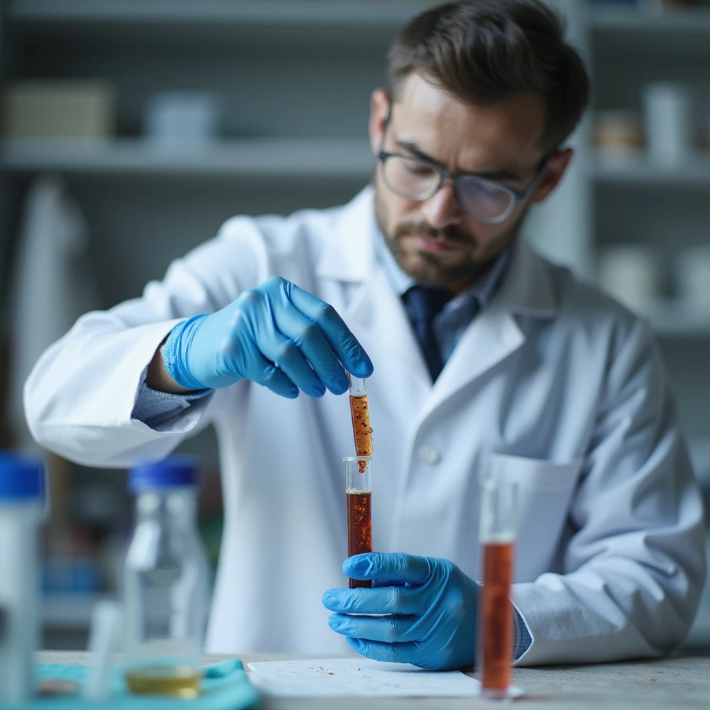 realistic doctor pouring fecal sample into test tube for parasitological analysis, lab instruments visible emoji