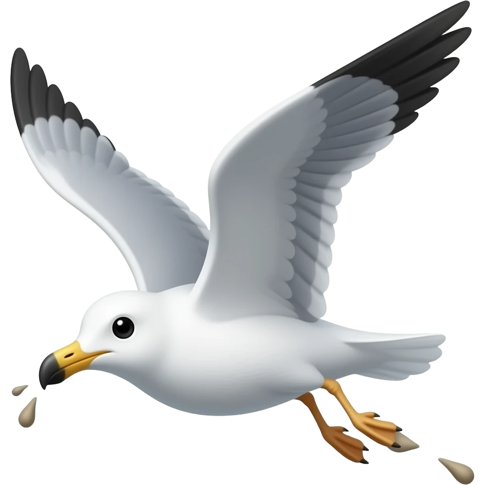 Create a picture of a seagull flying doing a shit emoji