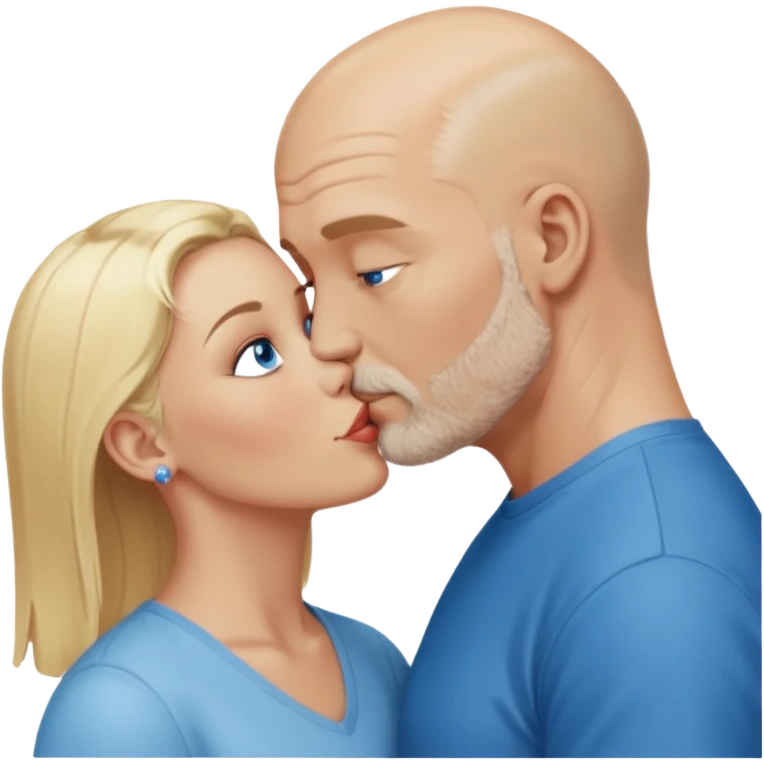 middle age bald man with salt and blonde scruff, blue eyes and blonde woman with blue eyes kissing each other emoji
