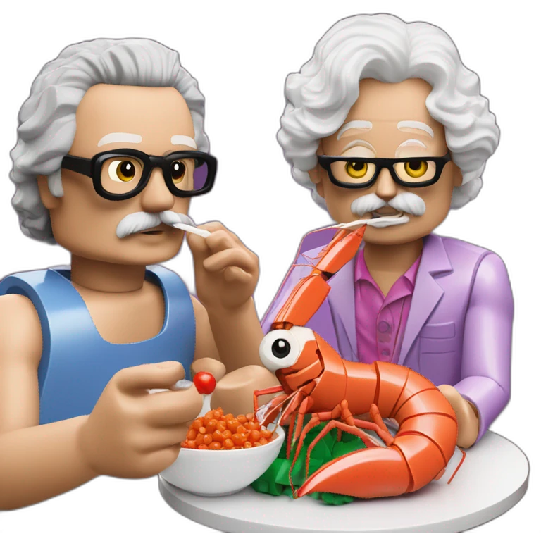 Des Lynam eating prawns with LEGO Lily Savage emoji