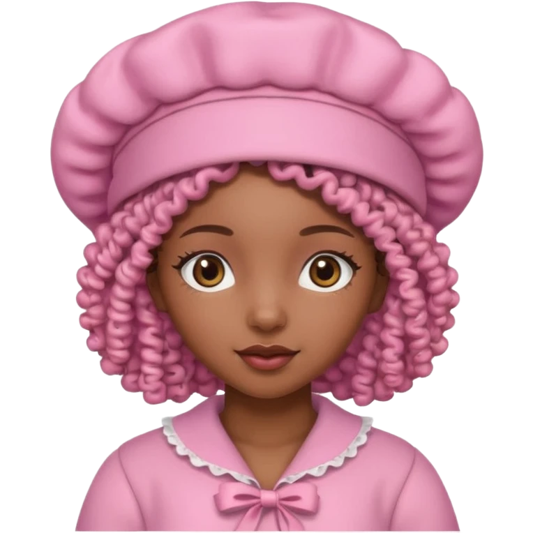 black girl with curly hair and a pink bonnet emoji