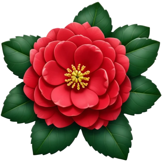 Traditional red camellia japonica (tsubaki) flower with perfectly symmetrical layered petals and glossy dark green leaves emoji