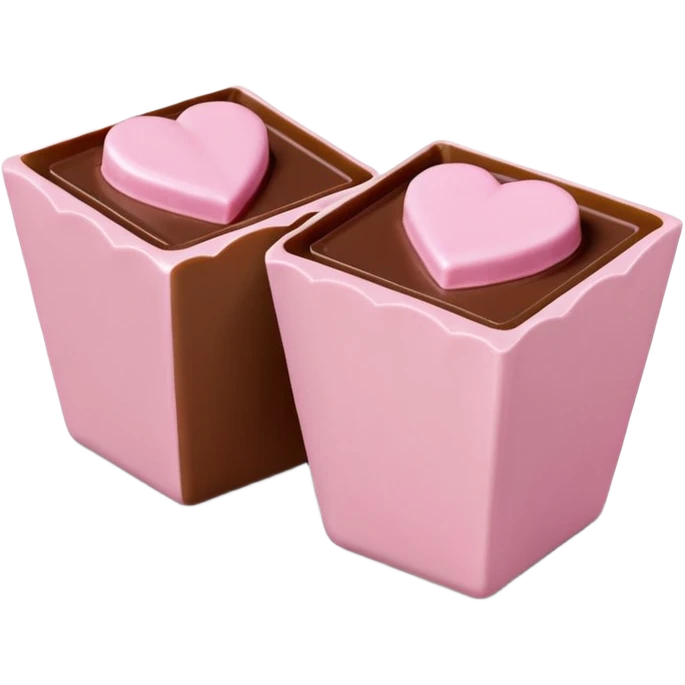Two square milk chocolate 2 pralines only, Each praline is a sharp-edged cube with smooth glossy chocolate coating, placed in a small white fluted paper candy cup. On top of each cube is a flat pastel pink heart-shaped icing, thin and smooth, slightly translucent, with fine sugar crystal sparkle. emoji