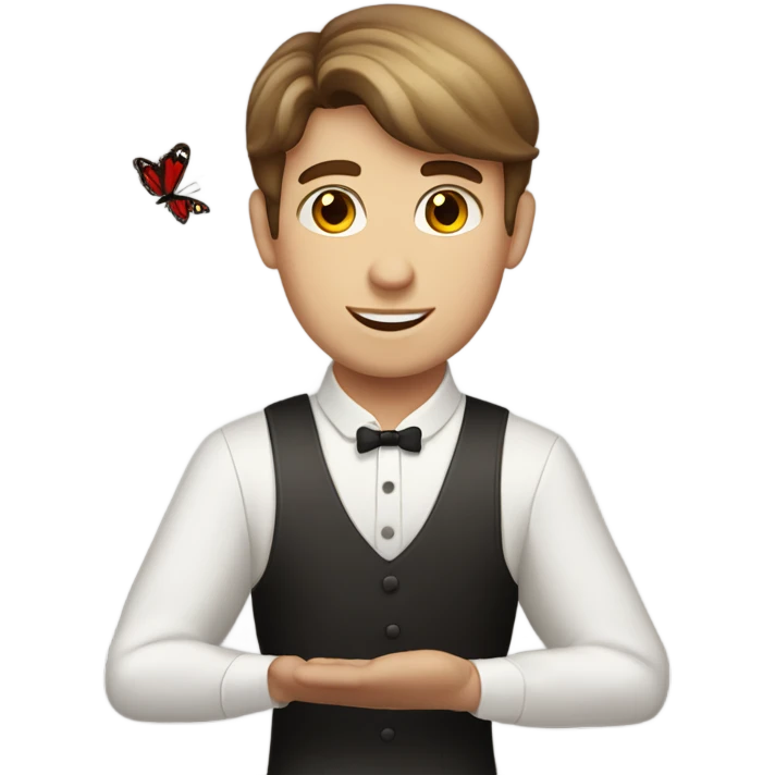 Brown hair light skin male waiter with red butterfly. Serving empty plate emoji