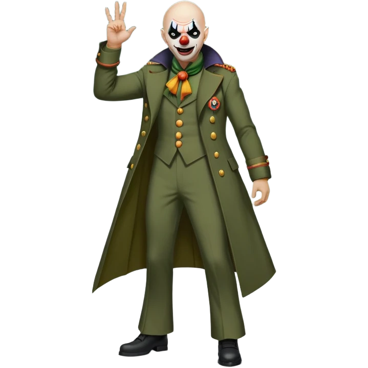 evil clown, bald, small black horns on forehead, fangs, pointed ears, eye patch over one eye, long coat over black and military green leisure suit with bellbottom pants, tail, realistically proportioned, less bulky, full body, battle-ready, fighting posture emoji