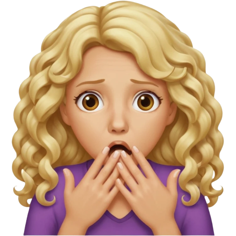 mother with blond long curly hair shocked with hands on her mouth emoji