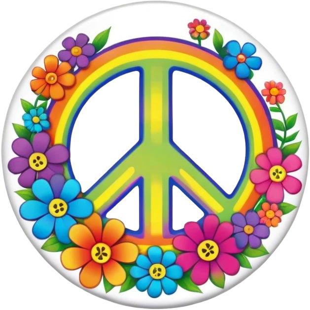A round psychedelic colored button with the word “peace” in the center with rainbow colored hippie style flowers emoji
