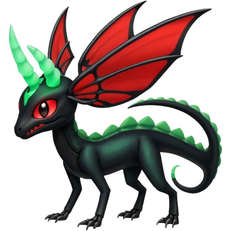 Horned Obsidian-black and neon-glowing-green skeletal Meloetta-Salandit-Gorebyss-Salazzle-Pokémon-Fakémon-creature-fusion-hybrid with glowing crimson-red evil slit eyes emoji