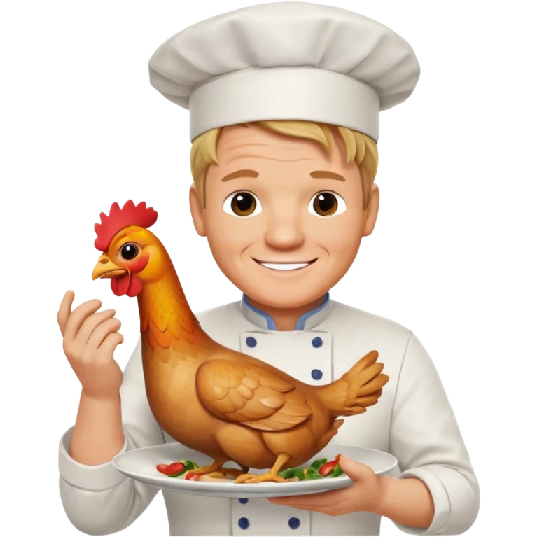 Gordon Ramsay smiling, holding a cooked chicken on a plate, chef outfit emoji