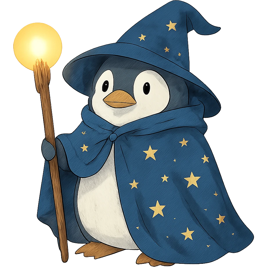 ghibli style penguin wizard with a starry cloak and glowing staff emoji