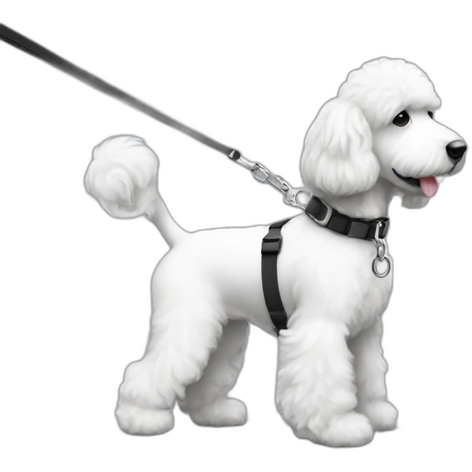 side profile medium sized black and white ausssiedoodle on a leash emoji