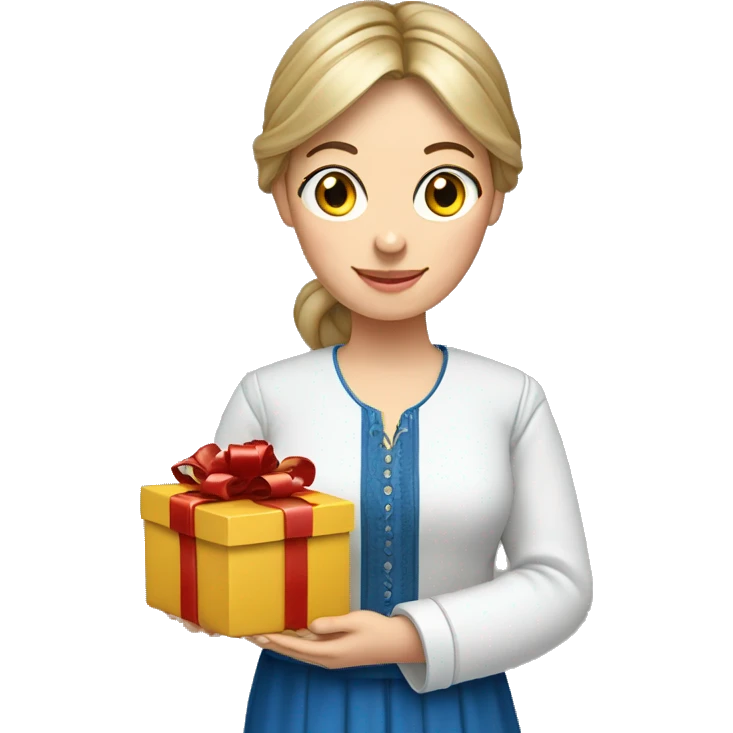 A female teacher in Ukrainian embroidery holds a gift in her hand emoji