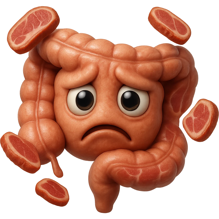 emoji stile iphone in 3d di un intestino triste con fette di carne che gli fluttuano intorno, gli occhi falli con la parte bianca pure, iperrealistico 4k emoji