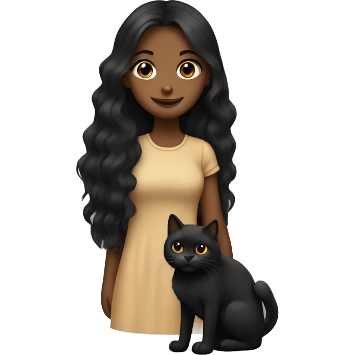 Tan girl with long dark hair holding a fluffy black cat emoji
