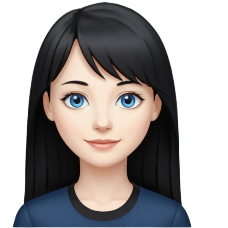 40 yr old woman long straight black hair, pale skin, blue eyes, black clothes, small smile, bangs emoji