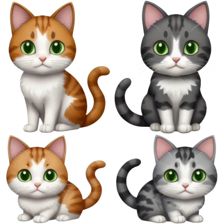 6 different coloured small cats including a dark grey and white, and a patchy calico, and a brown tabby and white,  and a completely solid dark grey with green eyes and only white paws emoji