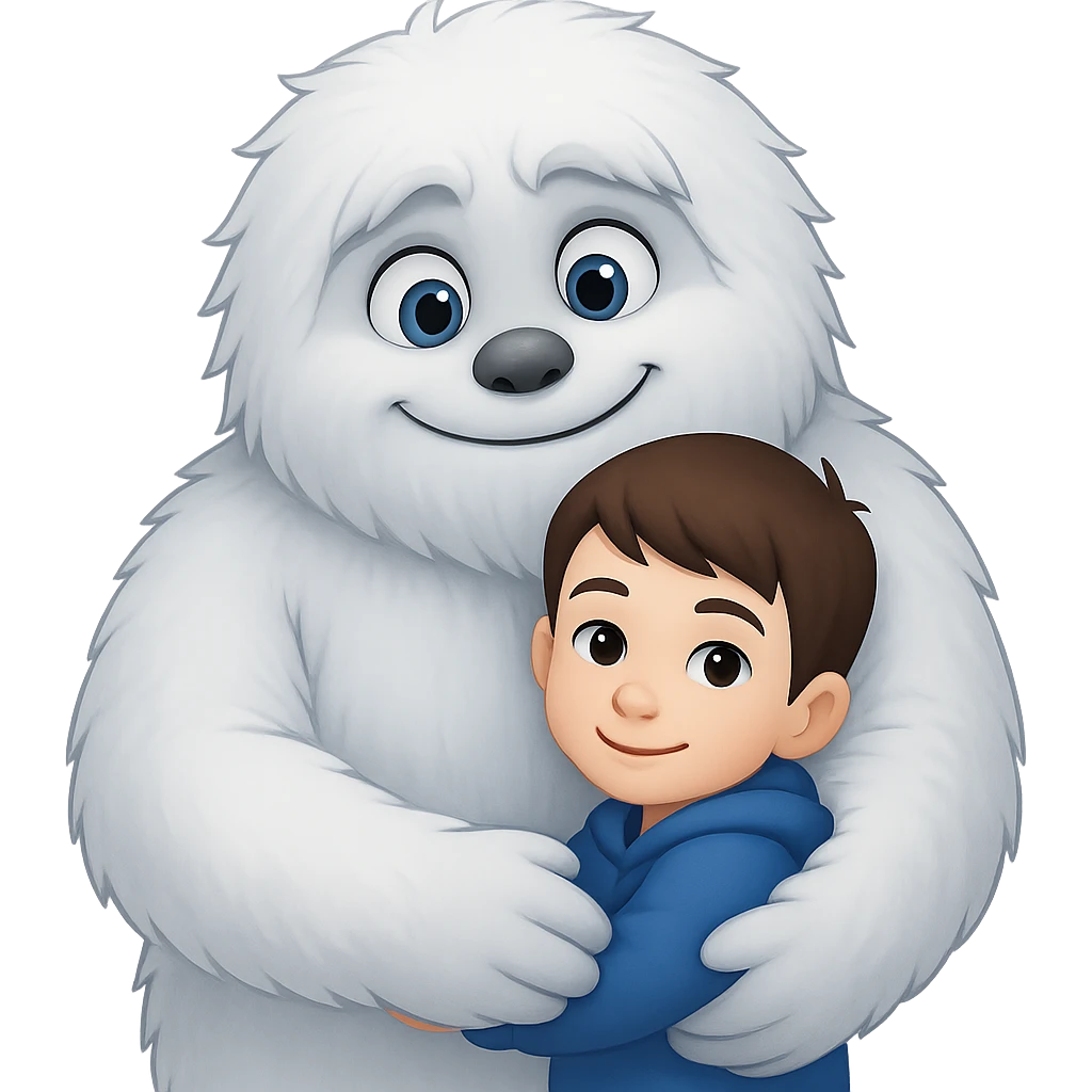 Make the Abominable Snowman much bigger while hugging the little person, keep the background transparent. The style is a transparent background illustration with the Abominable Snowman and a little person. emoji
