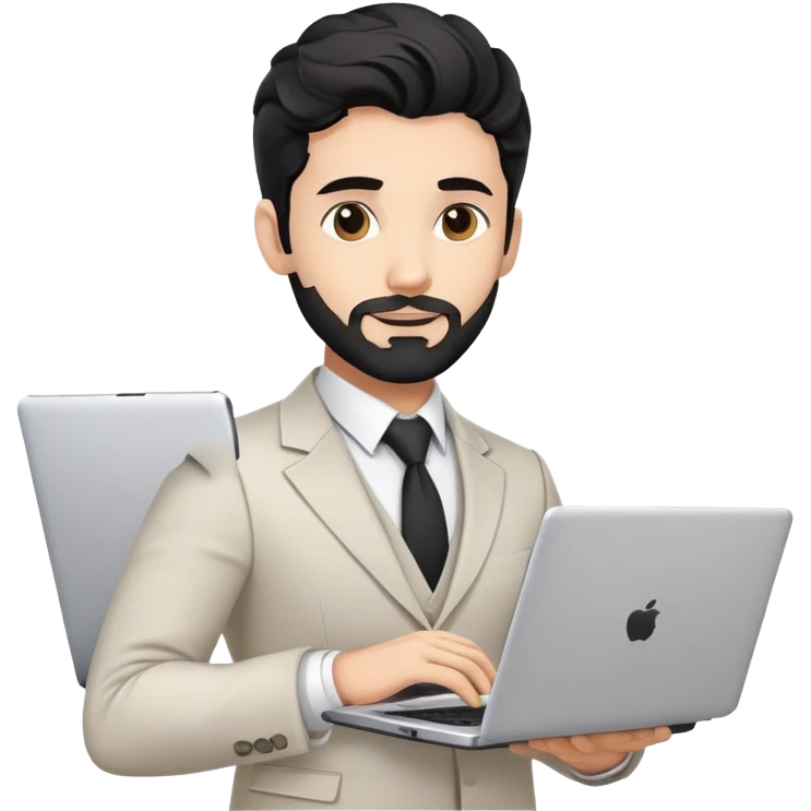 Professional 35-year-old man with black wavy hair, stubble, strong jawline, white skin tone, wearing smart casual business attire, holding a laptop, with a confident approachable expression emoji