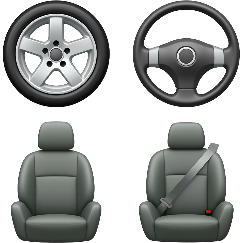 Wheels, steering wheel, seat belt, car seat, and booster seat emoji