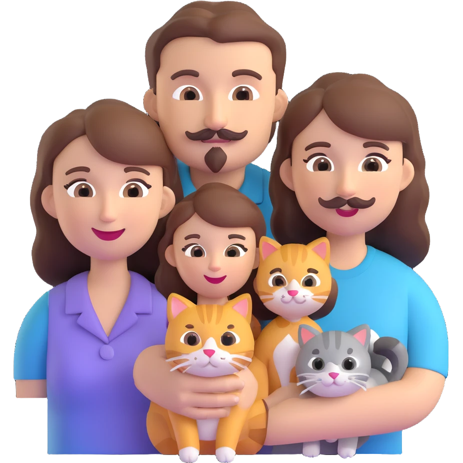 a family portrait: mom with brown hair, dad with brown hair and mustache, daughter with brown hair, and three cats, friendly 3D emoji style emoji
