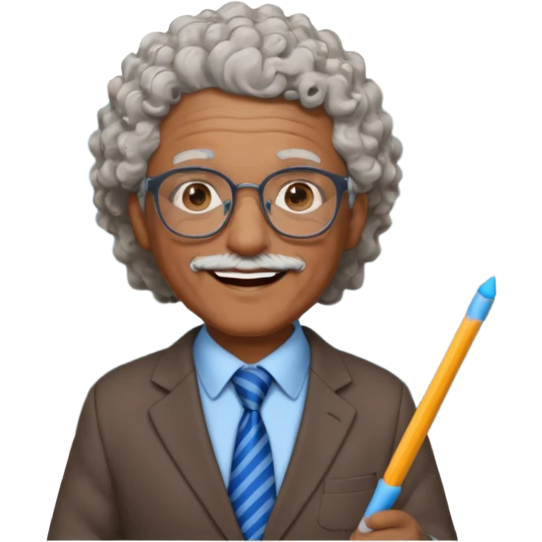 old man teacher, brown skin, curly grey white hai, wearing glasses, brown suit, blue tie hold chalk on hand emoji