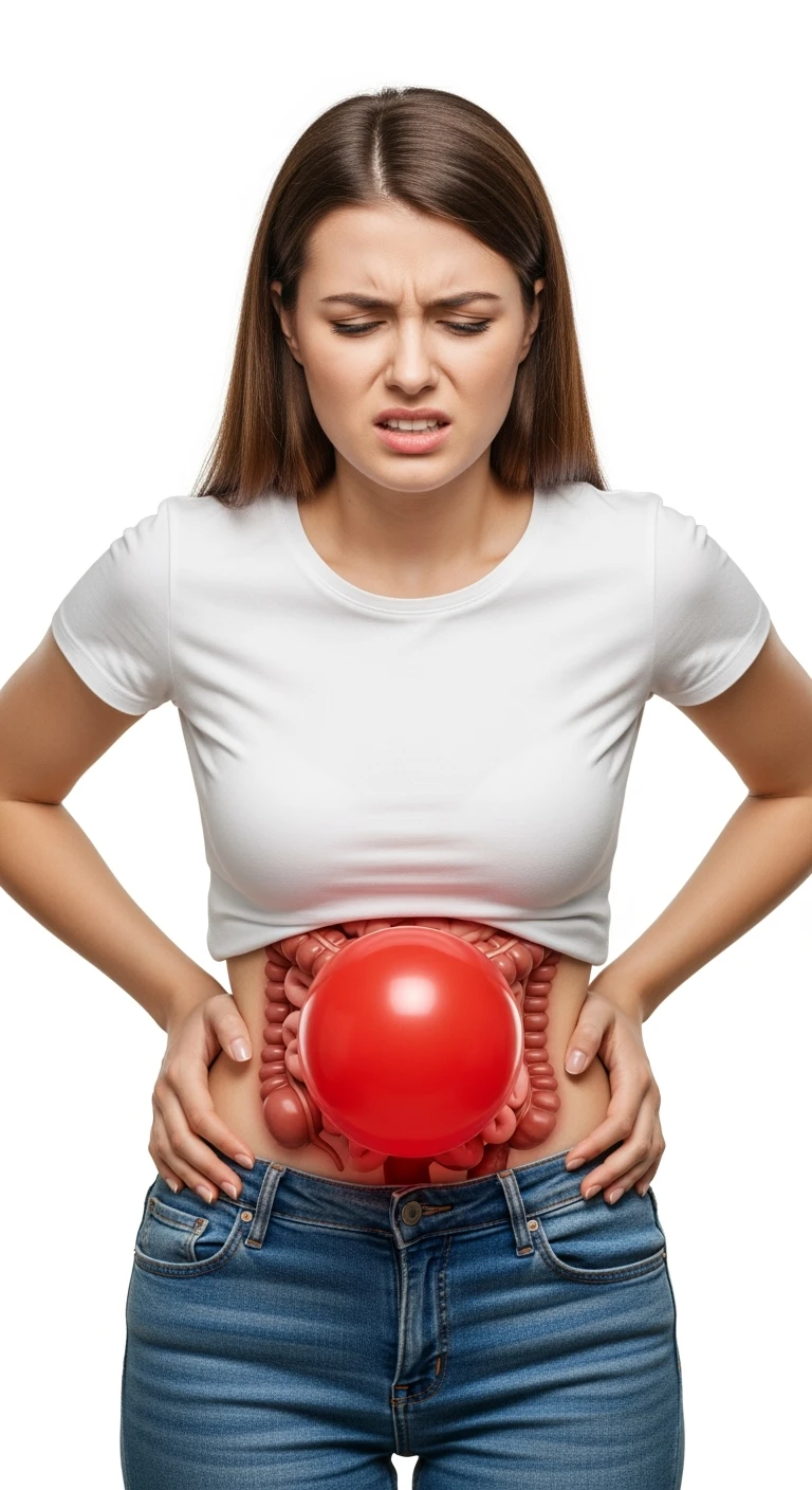 DONNA CON MAL DI PANCIA E CON INTESTINO SULLA PANCIA CHIUSO IN UN PALLONCINO ROSSO, ESPRESSIONE DI DOLORE IN VOLTO, IPERREALISTICA 4K, ISOLATA SU SFONDO BIANCO emoji