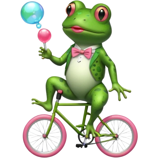 A frog riding a unicycle wearing a monocle blowing a bubble gum bubble emoji