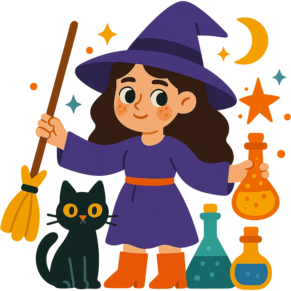 brunette girl witch, with a black cat, potion bottles, mystical atmosphere, whimsical style emoji