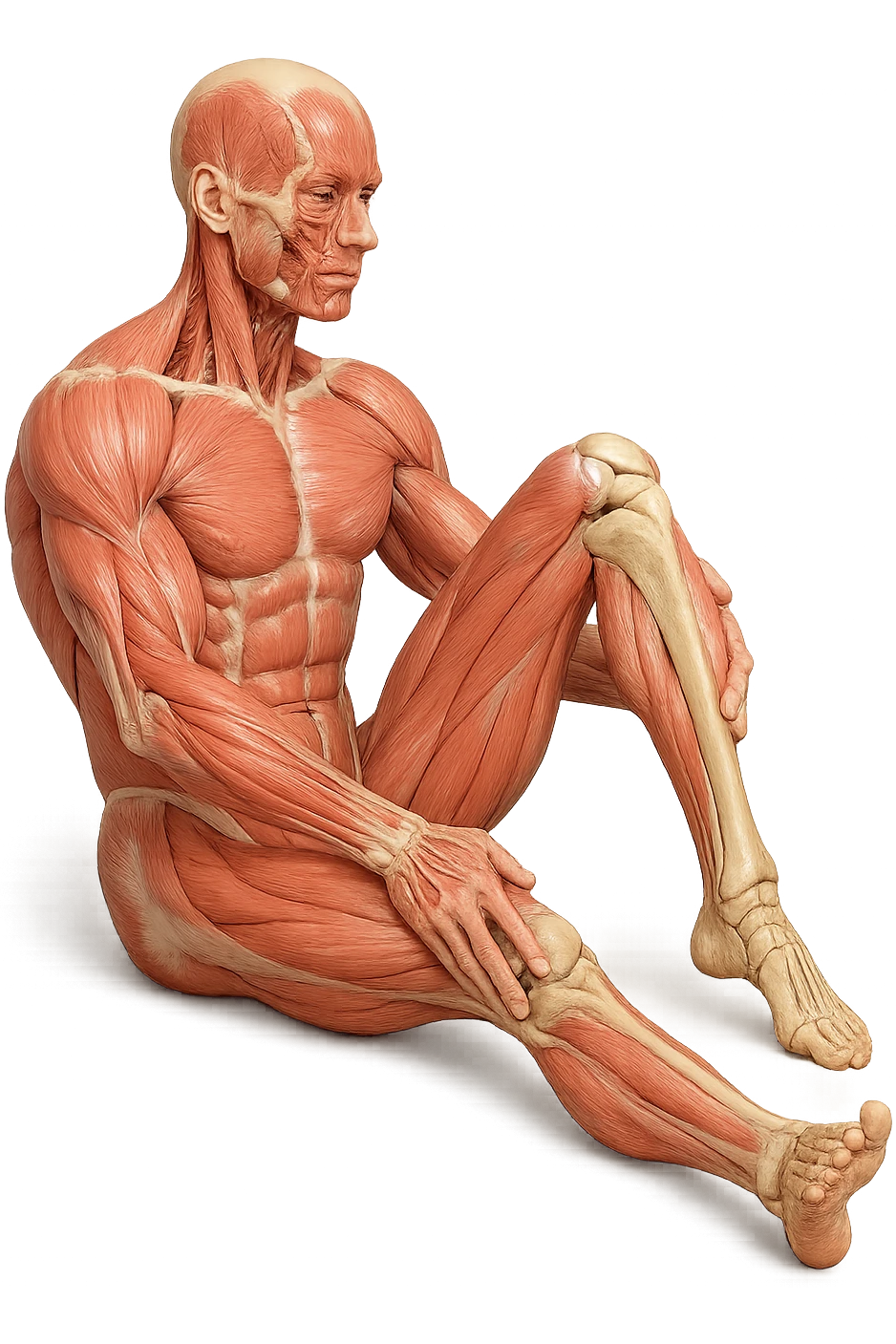 CORPO UMANO ANATOMICO REALISTICO CHE FA UN ESERCIZIO DI MOBILITà ARTICOLARE ALLE GAMBE, IPERREALISTICO 4K emoji
