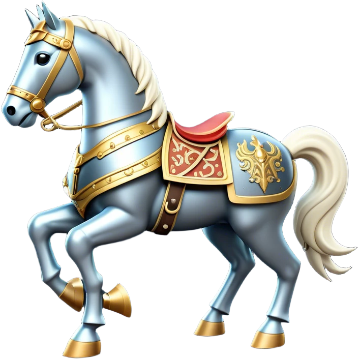 Clash of Clans aesthetic: Cinematic Playful Armored Horse Emoji, rendered in a 3D vector-style similar to standard emojis with minimal shading and bold, simplified shapes. A compact, isometric warhorse outfitted in intricately detailed armor with noble accents, softly glowing with a gallant medieval carriage charm. Simplified yet unmistakably iconic, highly detailed and consistent, glowing with a soft radiant shine and high polish. Stylized with a touch of heroic elegance and a soft glowing outline, capturing the essence of a noble steed ready for battle with a friendly, playful air! emoji
