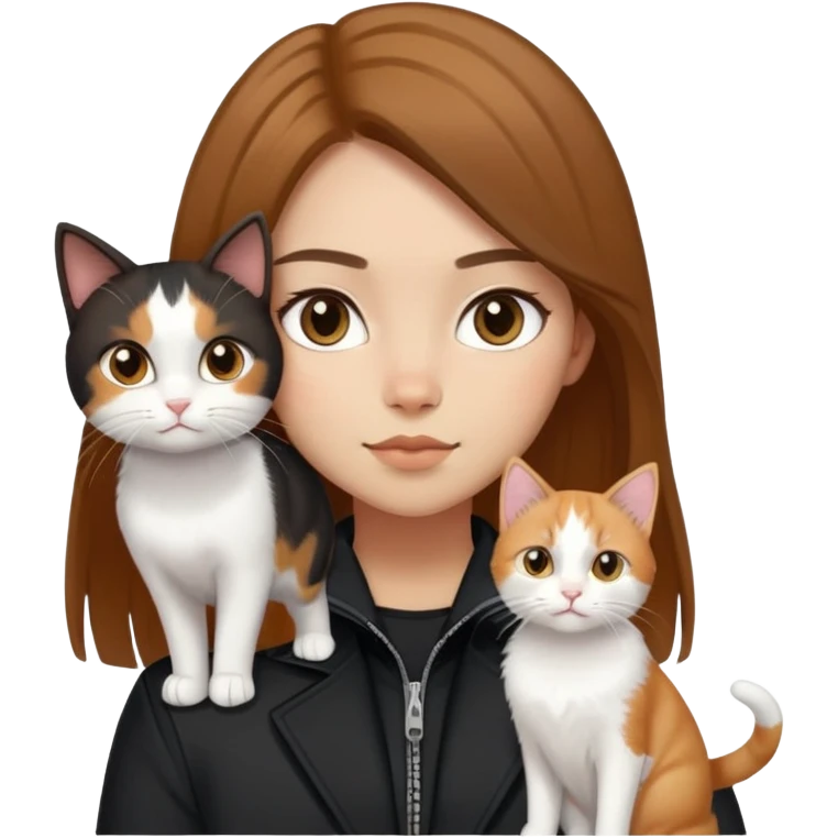 Light-skinned girl with brown straight hair wearing a black jacket, along with one pure white cat and one calico cat emoji